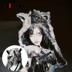 Women's subculture Harajuku Steam Punk Y2K Gothic Lolita Soft Girl fluffy Eyes zipper Scarf Gloves Hat keep warm polychrome Hat