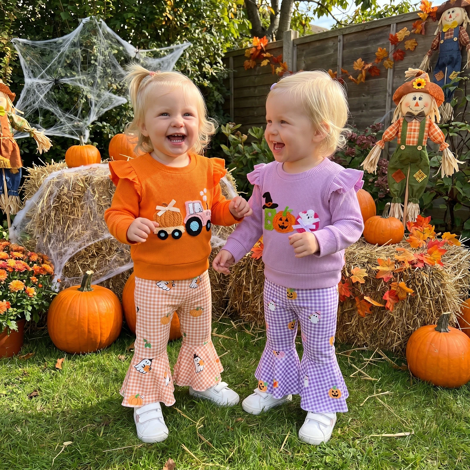 1-5Y Toddler Girl Halloween Outfit Ruffle Long Sleeve Crew Neck Pumpkin Ghost Embroidery Sweatshirt Bell Bottom Pants Set