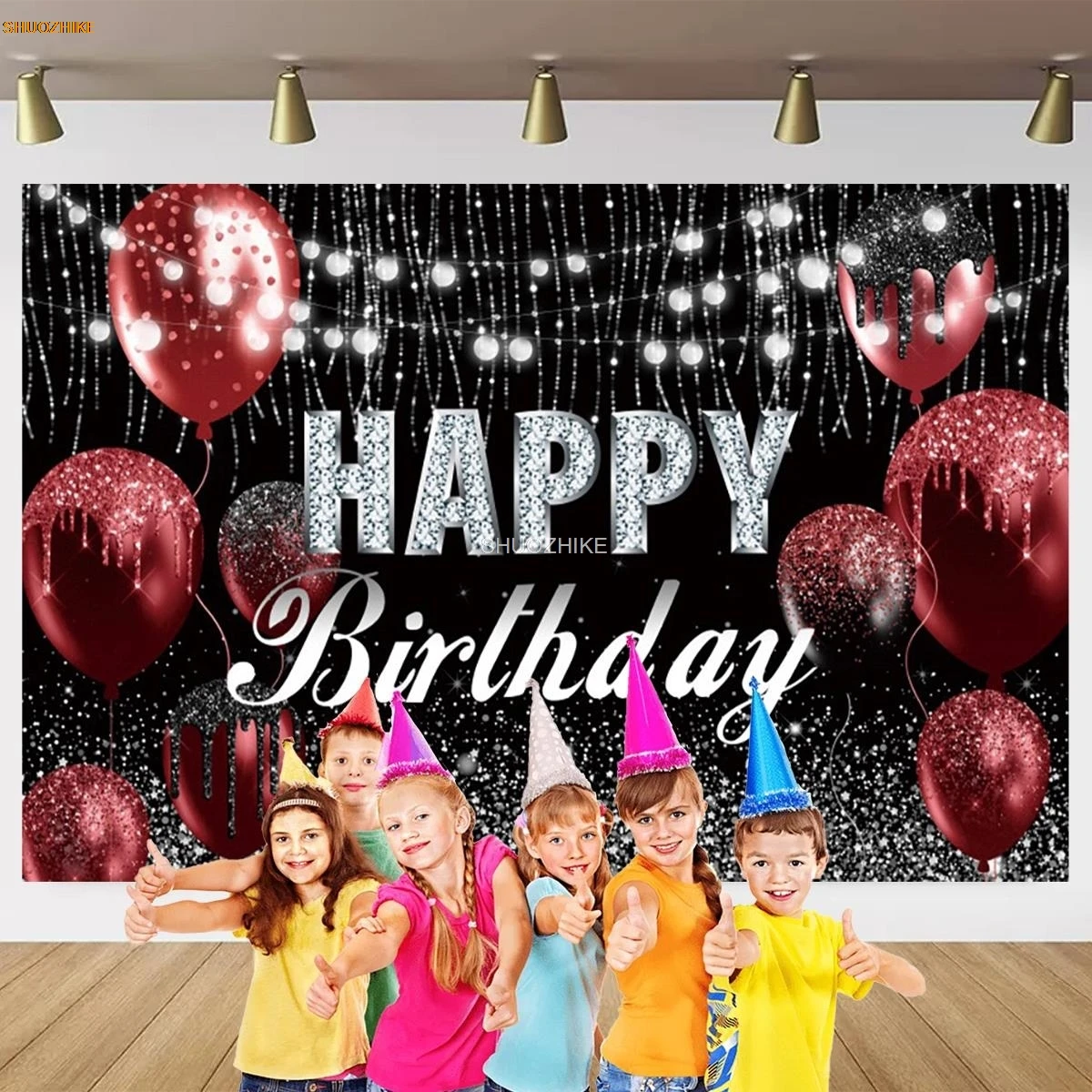SHUOZHIKE Roze Zwart Goud Gelukkige Verjaardag Achtergrond Glitter Balloon Jongens Meisjes Party Ballon Sparkle Fotostudio Achtergrond JC-07