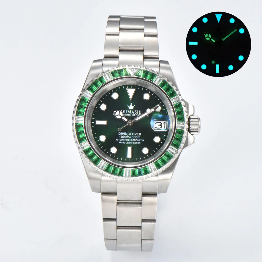 Orologio subacqueo NH35/NH70 da uomo di lusso da 40 mm con lunetta in diamanti artificiali Il movimento automatico giapponese NH35/NH70 può personalizzare il logo