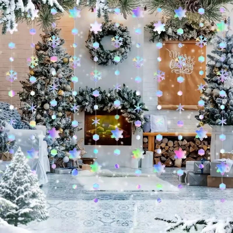 Elegant Durable Christmas Hanging 4m Paper Snowflake Streamer Romantic Glitter Christmas Snowflake String Streamer Engagement