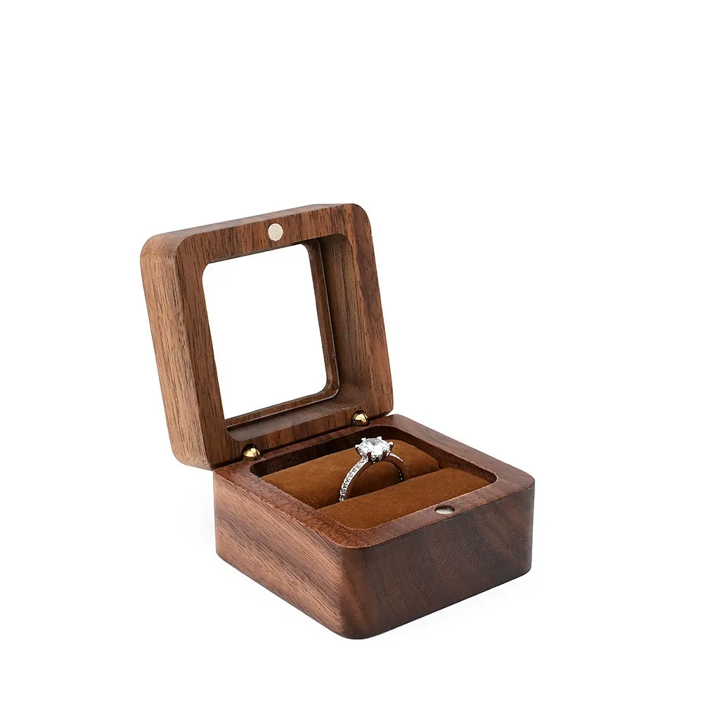 

Wooden Ring Organizer Case Window Open Microfiber Lining Jewelry Storage Box Romantic Handmade Ring Display Box Wedding Propose