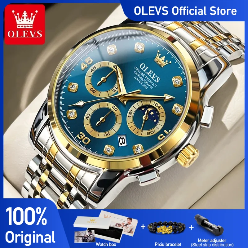 OLEVS Men\'s Watches Multifunction Original Quartz Watch for Man Waterproof Stainless Steel Luminous Chronograph Moon Phase Date