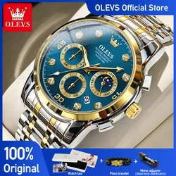 OLEVS Men's Watches Multifunction Original Quartz Watch for Man Waterproof Stainless Steel Luminous Chronograph Moon Phase Date