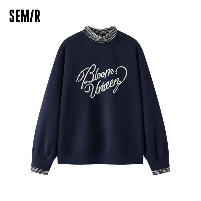 Semir Women Sweatshirt Fleece Lined Layered Look Panelled Design Stripe Pattern Embroidered Detail Stand Collar 2026 Winter