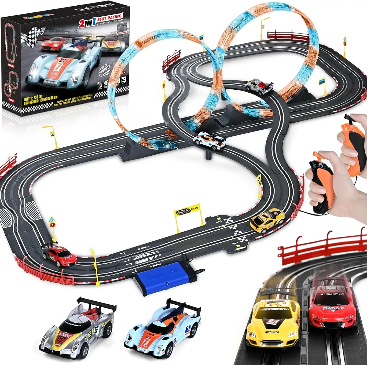 

Slot Car Race Track Sets with 4 Slot Cars, Battery or Electric Car Track with Flashlight, Dual Racing Game Lap Counter Circular