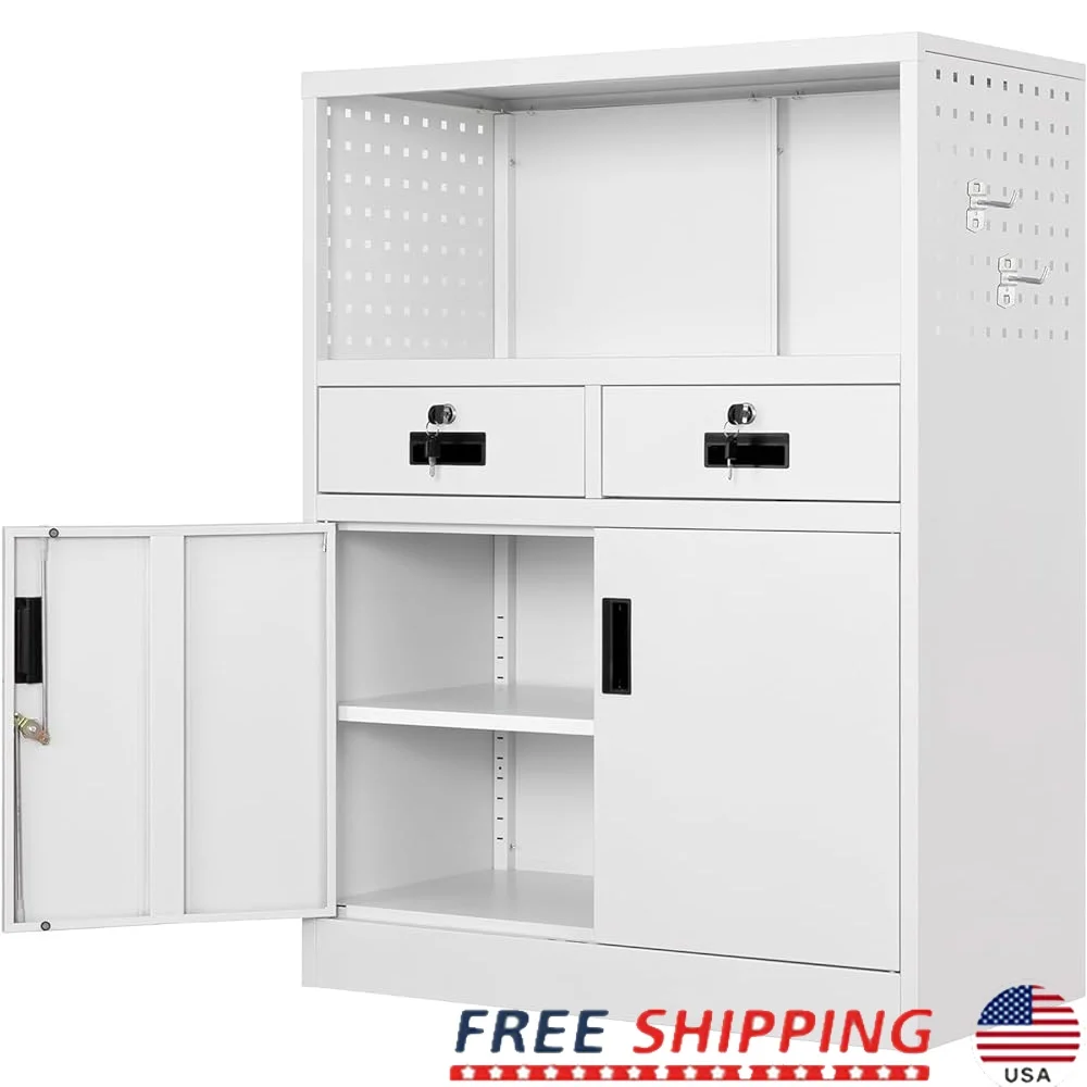 

Locking Metal Storage Cabinet with 2 Drawers Adjustable Shelves Lockable Office Cabinet Sturdy Steel Design Home Garage Use