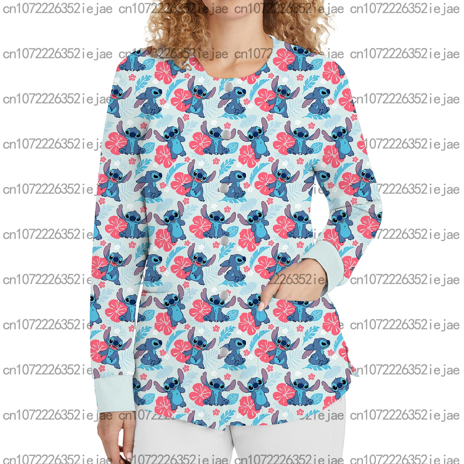 Winter Disney Stitch Printed Round Neck Long Sleeve Button Frosted Jacket Casual Fashion Medical Nurse Care Beauty Salon Coat