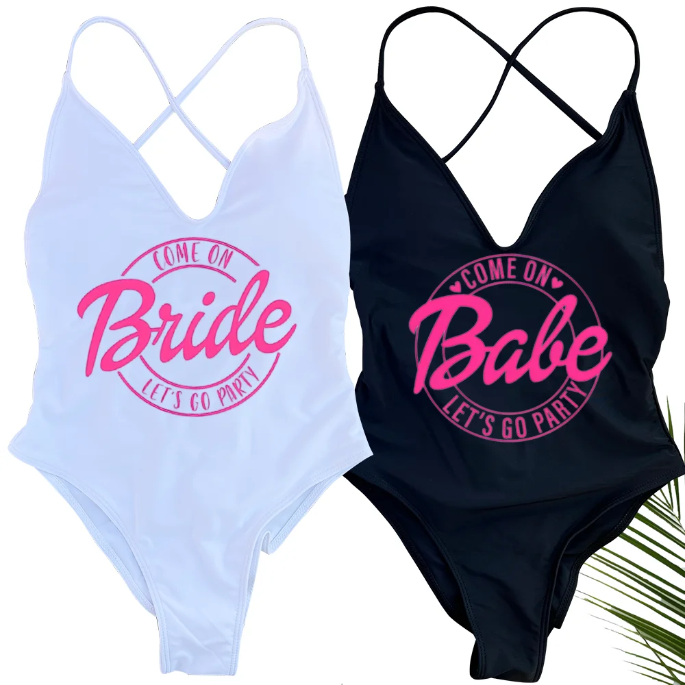 Bride One Piece Swimsuit Bride's Print Monokini Bathing Suit Babe Beachwear Let's Go Party Padded for Wedding Party