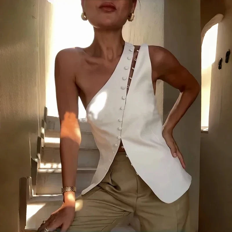 Sexy One-shoulder Tank Top Women Y2k Elegant Asymmetrical Slanted Collar Button Sleeveless Slim Solid Backless Club Tops 2026