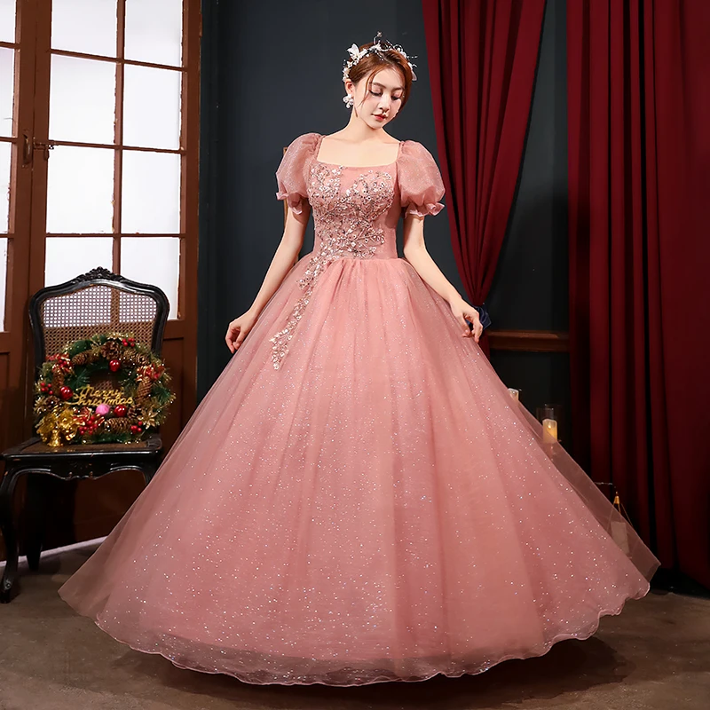 

Sweet Pink Vestidos De Quinceaneras Shiny Tulle Ball Gown Dress With Princess Puff Sleeve Elegant Long Classic Lace Up Vestido