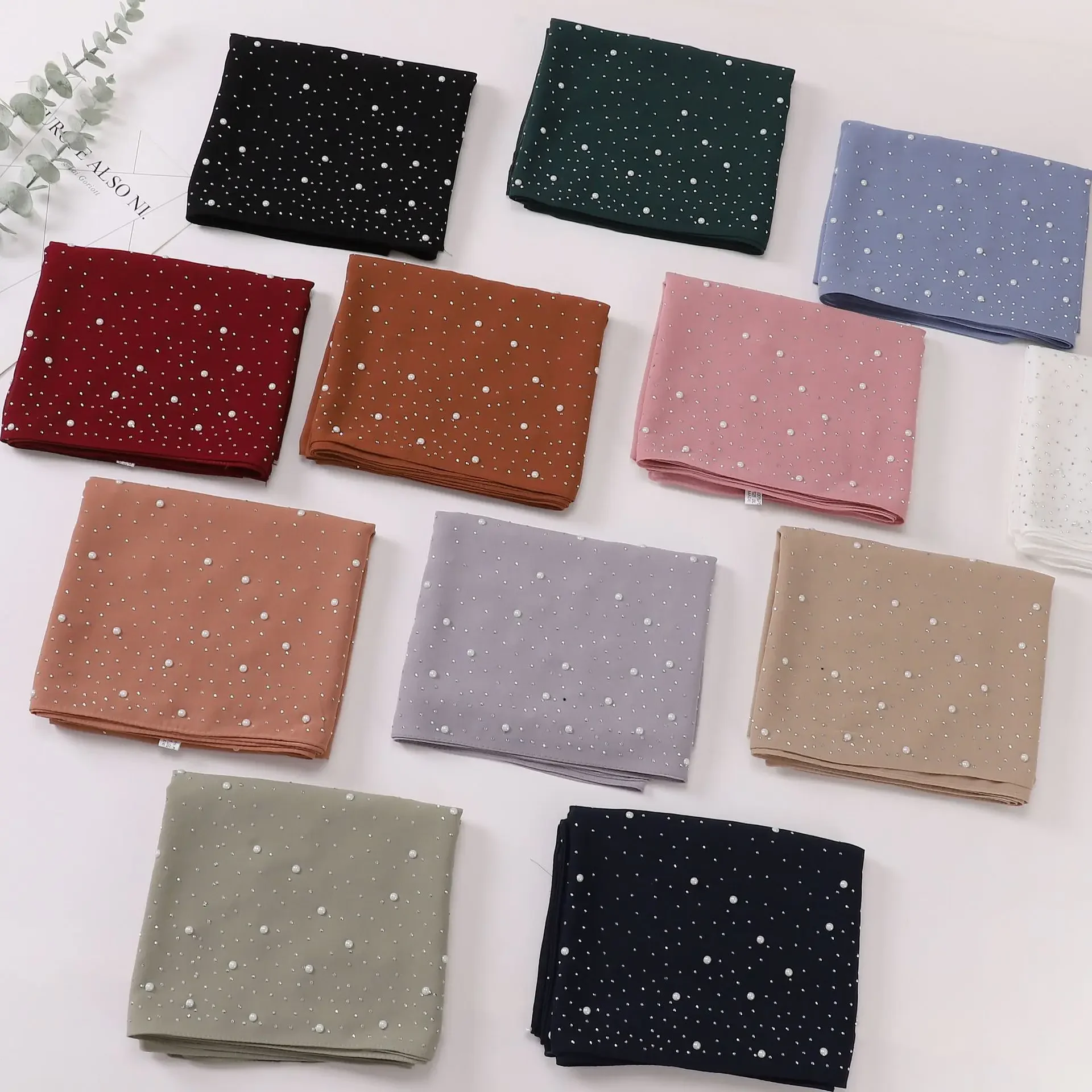 Wholesale Cross-Border Pearl Chiffon Ceramic Starry Sky Diamond Long Scarf Headscarf Indonesian Middle East African Motorcycle H