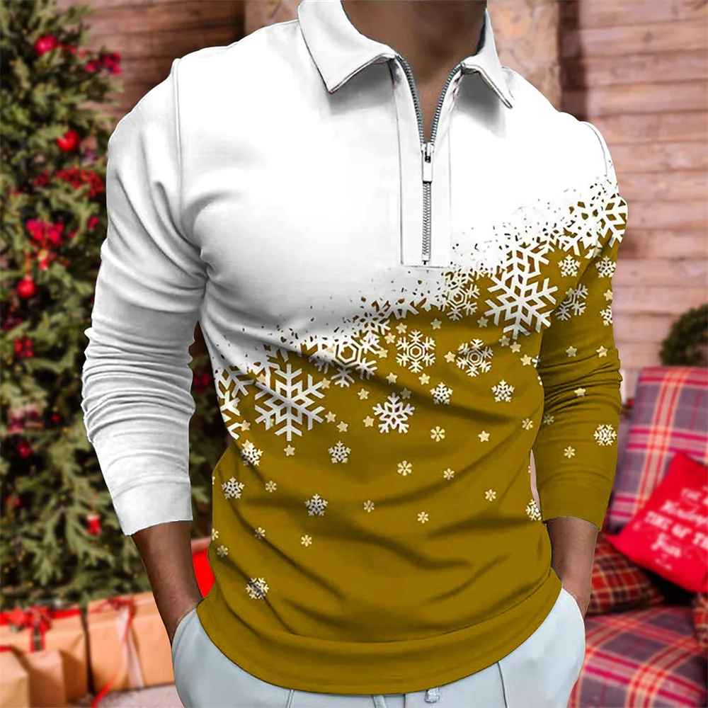 Polo para hombre con estampado gráfico de copo de nieve, camisa de Golf, ropa de calle de Navidad, manga larga, cremallera, moda, 3D