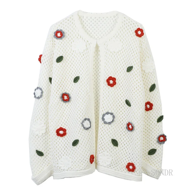 Maglione cardigan bianco scavato all'uncinetto da donna, top in maglia, fiori fatti a mano, traforati, maniche lunghe, autunno