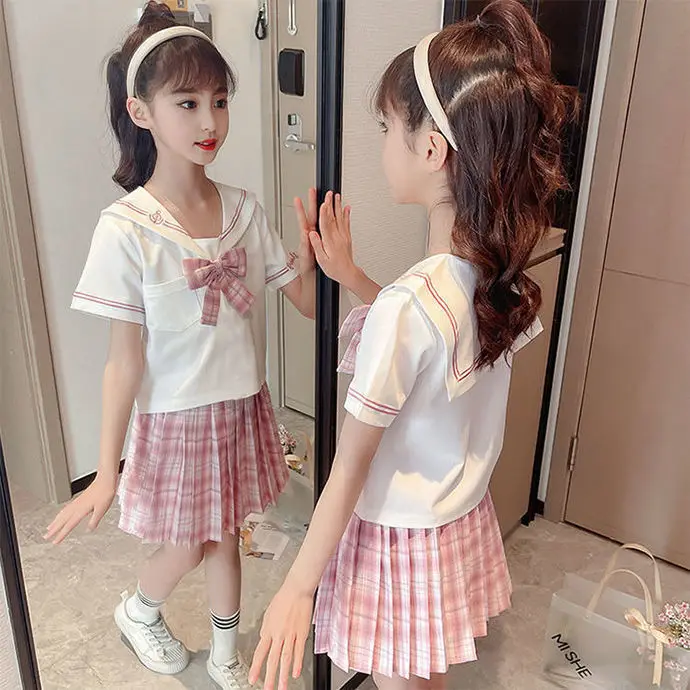 Children's College Style Navy Collar Shirt Plaid Pleated Skirt Set 2024 Summer New Girl's Two Piece Set