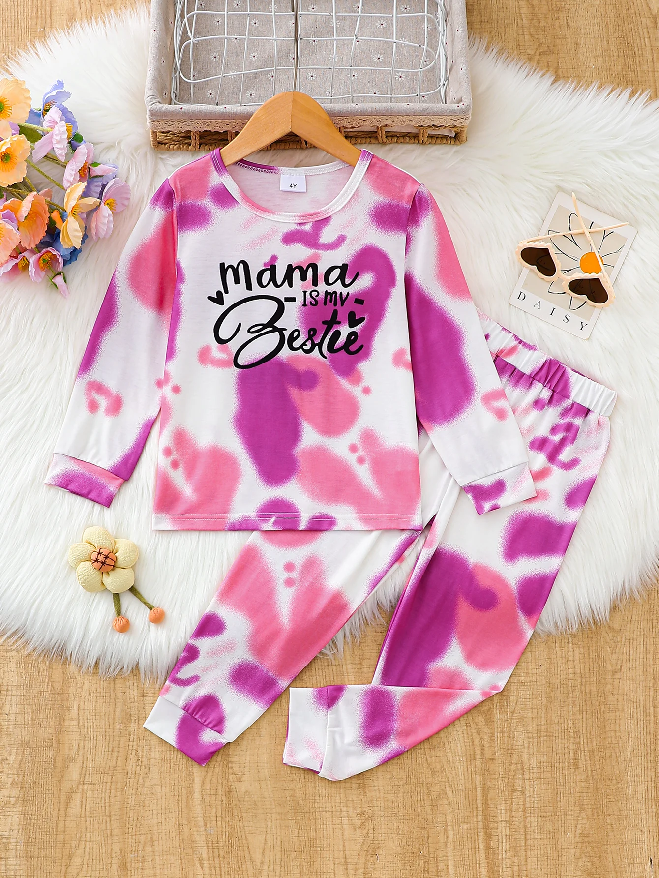 Girls Tie-Dye Two-Piece Set Long Sleeve Pink Purple Gradient Top with 