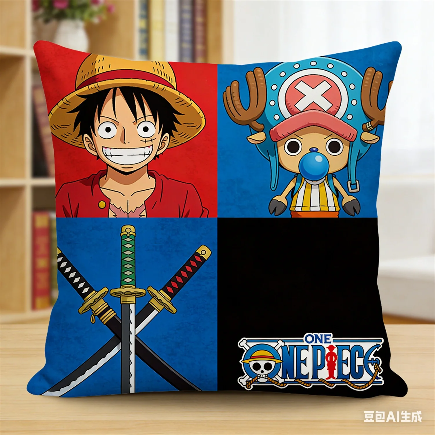Capa de Almofada Estampada One Piece Luffy Chopper Katana, Capa de Almofada de Desenho Animado, Decoração Macia para Sofá, Decoração Diária para Fãs de Anime, Decoração para Casa