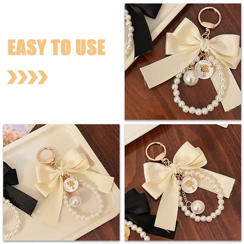 Fashion Large Bowknot Ribbon Pearl Key Chain Women\'S Multi-Color DIY Key Pendant Hanging Ornament Sweet Bag Accessories