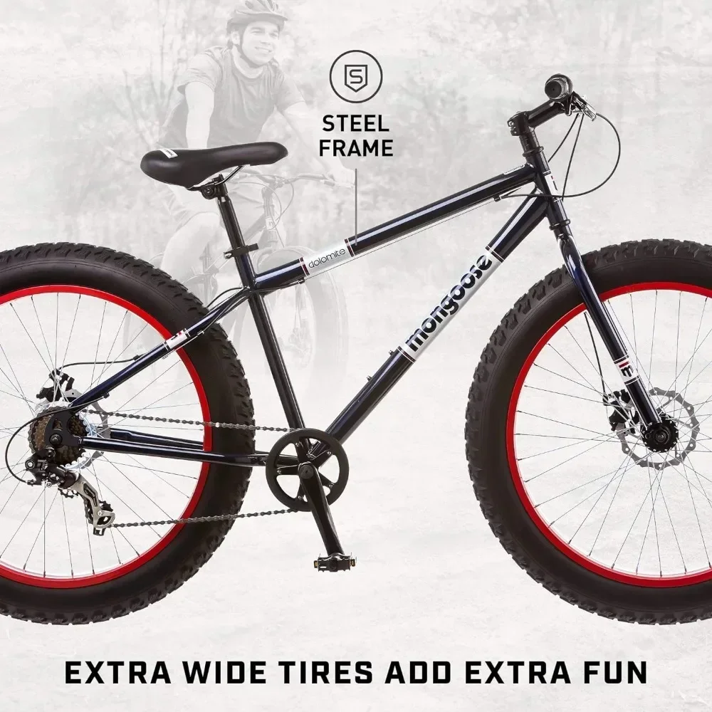 Fat Tire Mountain Bike, 26-Inch Wheels, 4-Inch Wide Knobby Tires, 7-Speed, Adult Steel Frame, Front and Rear Brakes Freight free