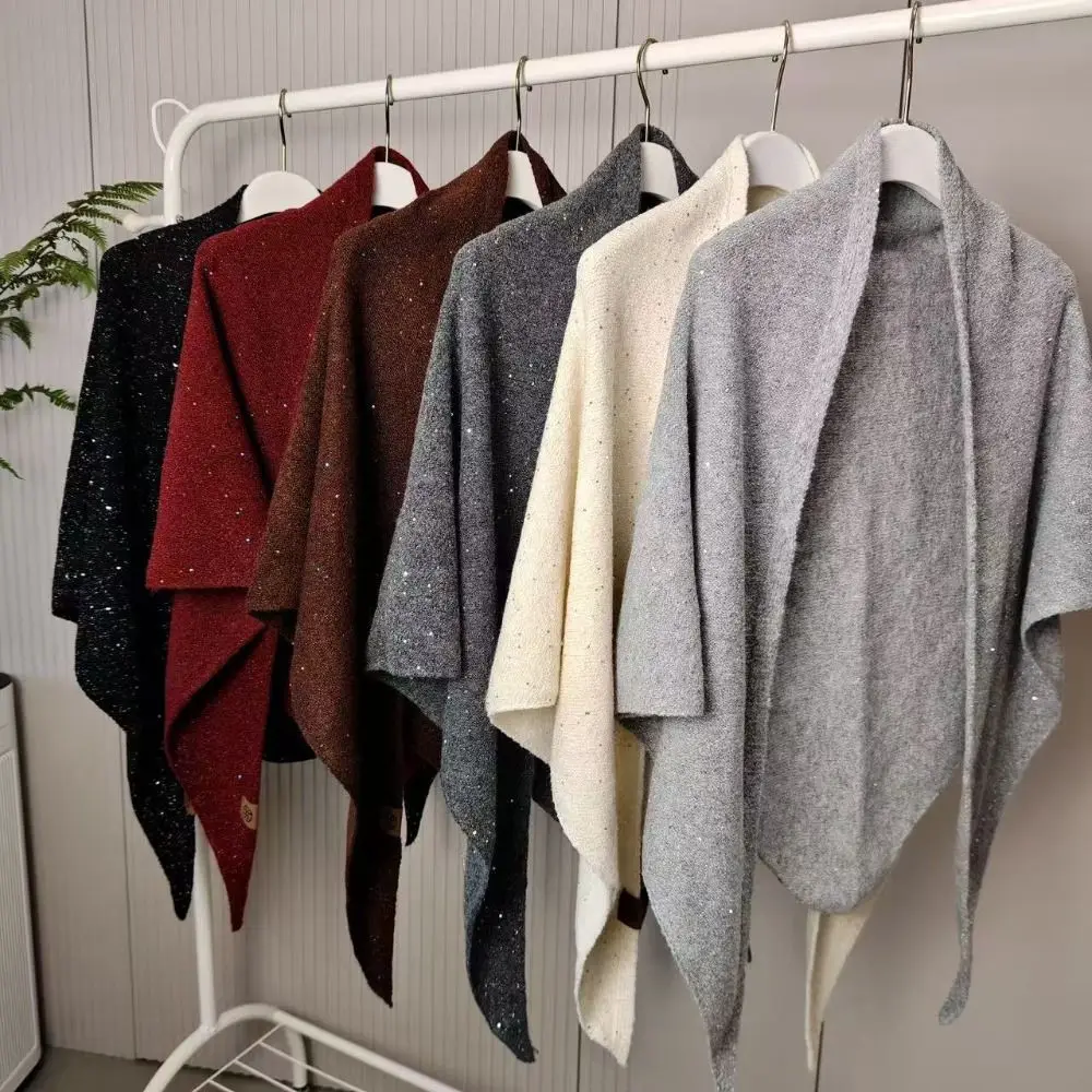 Women Fashion Winter Warm Woolen Shawl Thermal High End Sequin Triangular Scarf Korean Cape Wraps