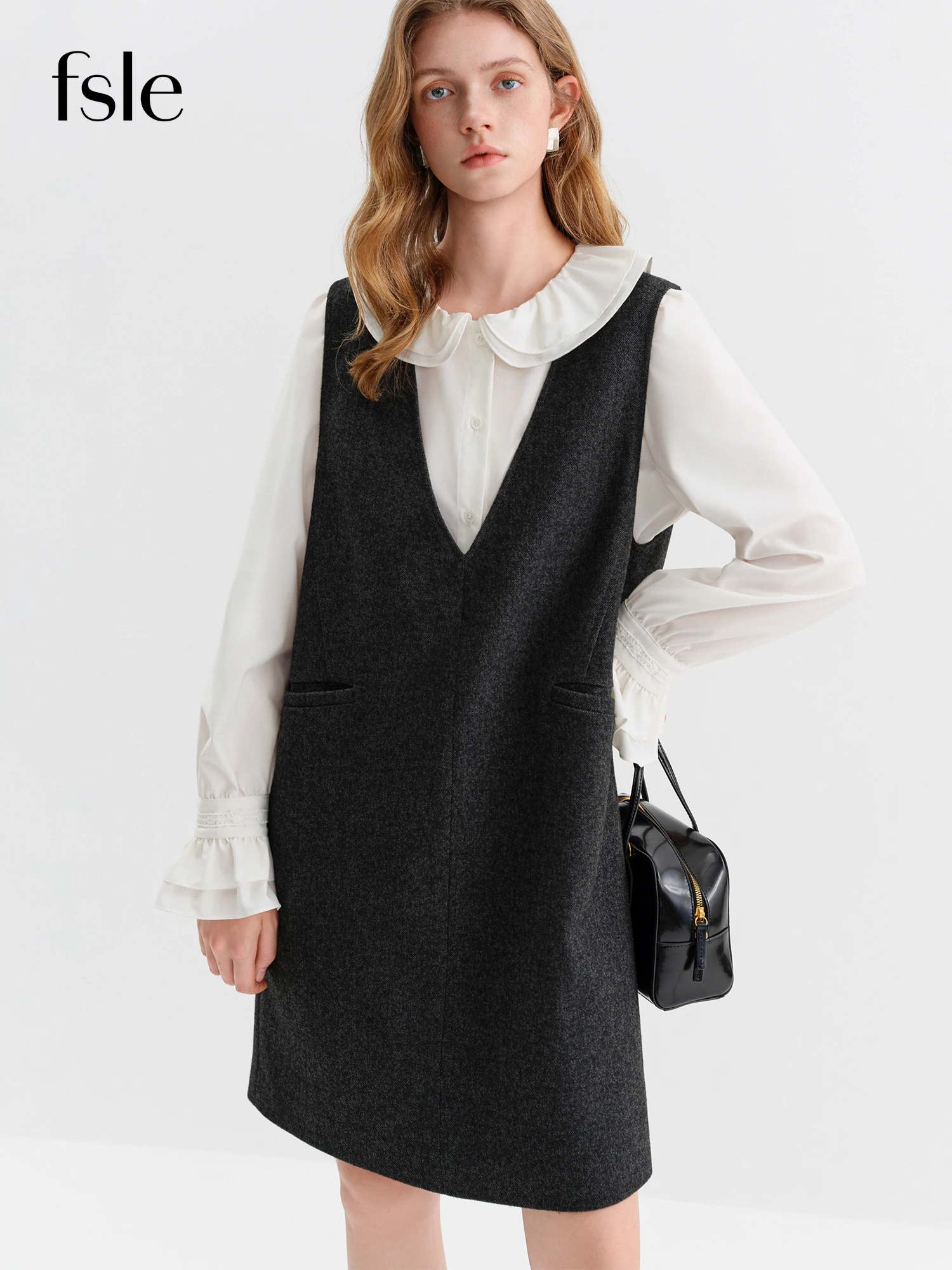 FSLE 2025 الخريف الشتاء المرأة بلا أكمام الخامس الرقبة الصوف مزيج تانك فستان طبقات زلة ميداشي منفضة تنوعا أنيقة الكتان #1