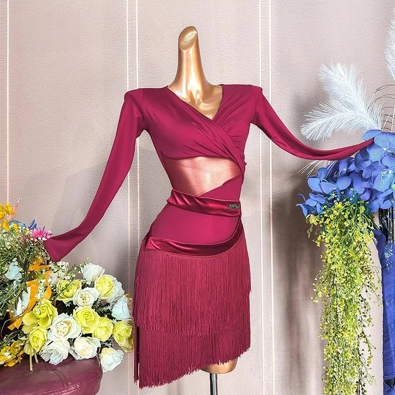 

Wine Red Suit Adult Practice Outfit Long Sleeved Tassel Half Skirt National Standard Outfit Latin Dance Costume