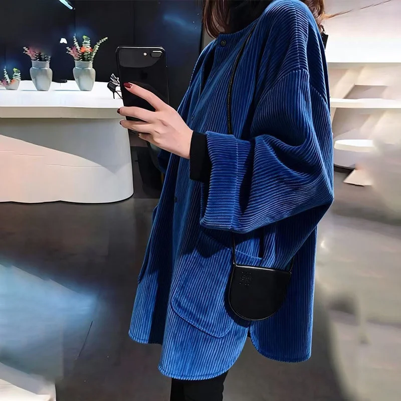 Fashion Spring and Summer Super Fire Aging Giant  High-end Beautiful Thick Blue Corduroy Single-breasted Cardigan Beautiful Coat