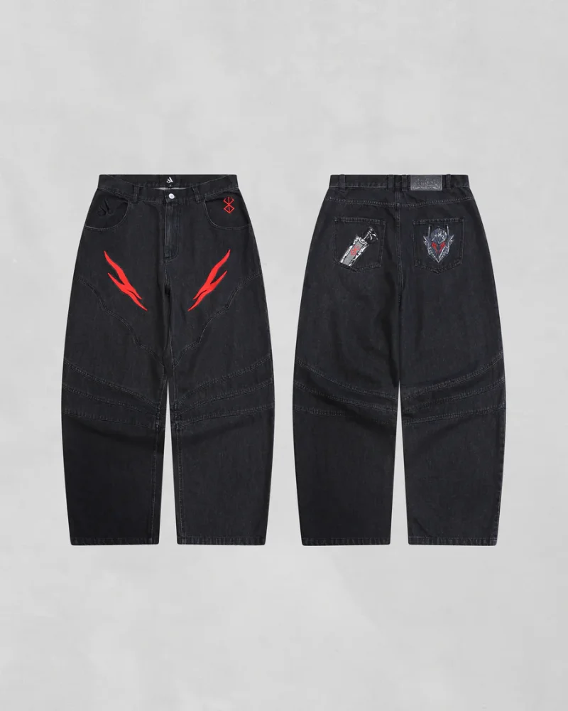 Calças Jeans Pretas Estilo Y2K Retro Harajuku com Bordado de Raio Vermelho, Corte Solto, Estilo Vintage Moderno para Homens e Mulheres, Perna Larga