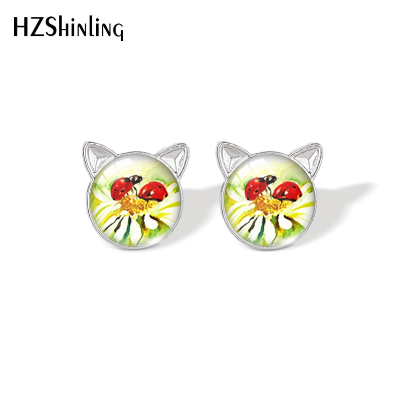 2021 New Ladybugs Stud Earring Insect Art Painting Cat Ear Earrings Handmade Glass Dome Photo Printed Jewelry Gifts Girl
