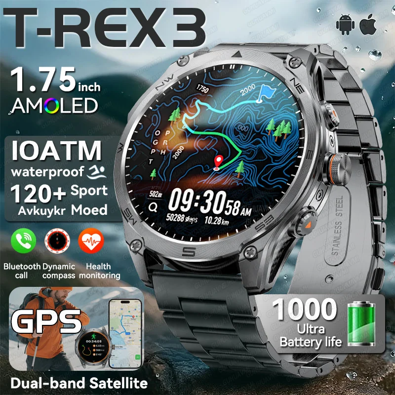 

Новые Ourdoor GPS позиции 1,75 "AMOLED 950 мАч аккумулятор SmartWatch мужские 10ATM водонепроницаемые 170 + спортивный режим BT браслеты для вызова для T-Rex3