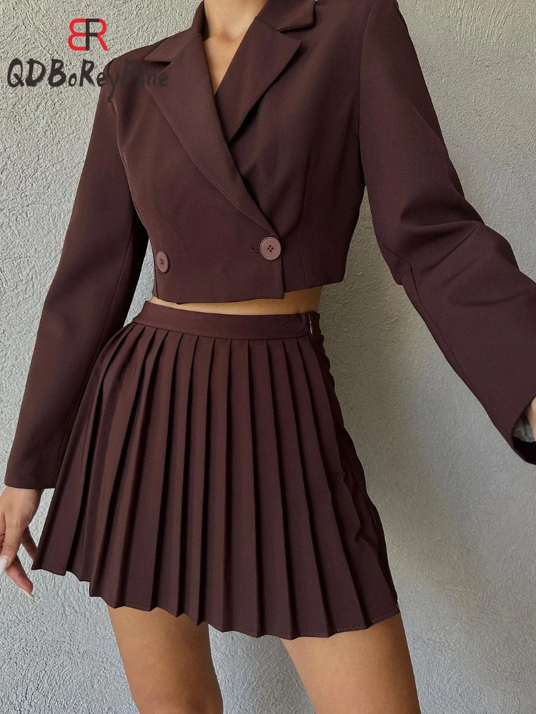 

Elegant Skirt Sets Women 2 Piece Outfit Long Sleeve Cropped Blazers Tops Pleated Mini Skirts Casual Korean Dress Sets Outerwear