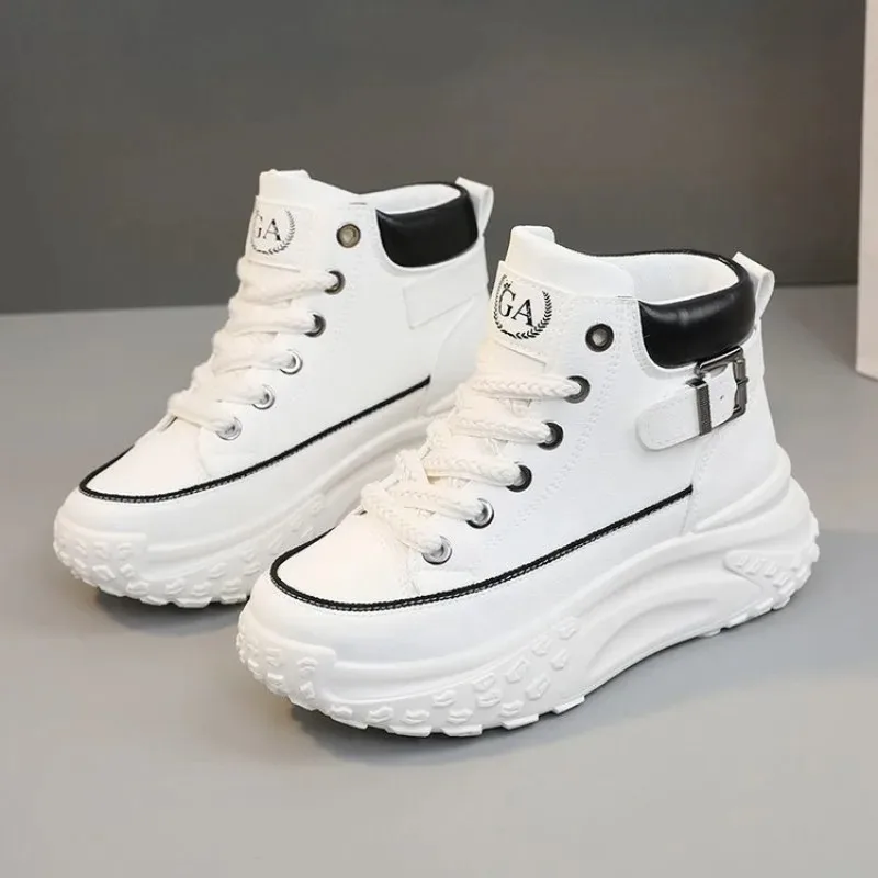 2024 Summer High Gang White Shoes Female Heightening Sports Leisure Board Shoes Leather Fashion Canvas Lace Up Women Sneakers