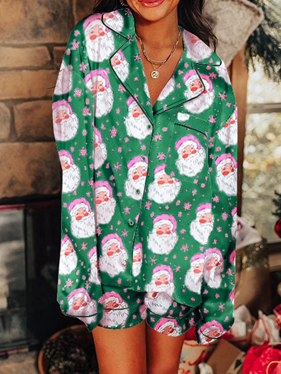 Women'S Christmas Satin Sleepwear Casual Set With Checkered/Santa Claus Printed Long Sleeved Shirt Top and Shorts 2pcs Suit Set