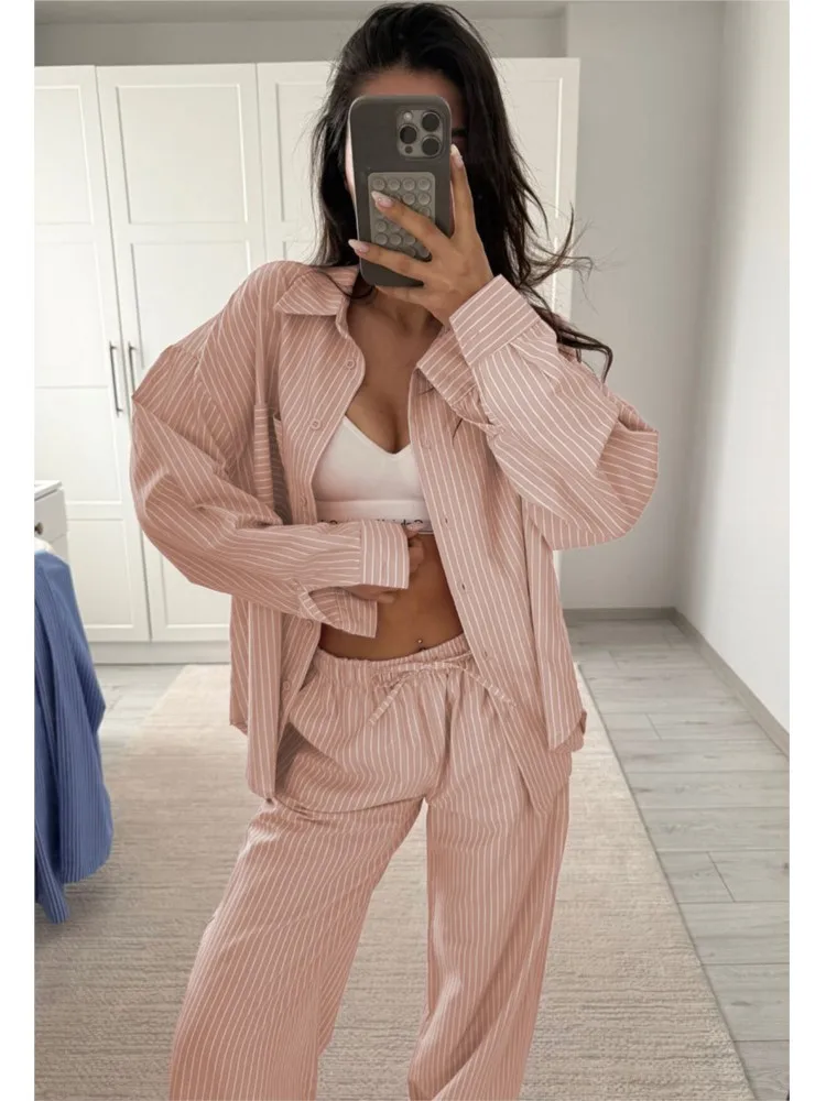 Women's Fashion Striped Print Buttons Loose Two Piece Sets 2025 Spring Autumn New Casual Lapel Long Sleeved Shirt Top Pants Set