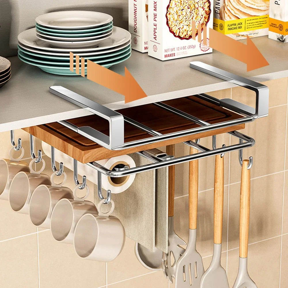 Stainless Steel Kitchen Hanging Cabinet with Hooks Paper Towel Rags Cutting Board Pot Covers Storage Hanger Under Cupboard Rack