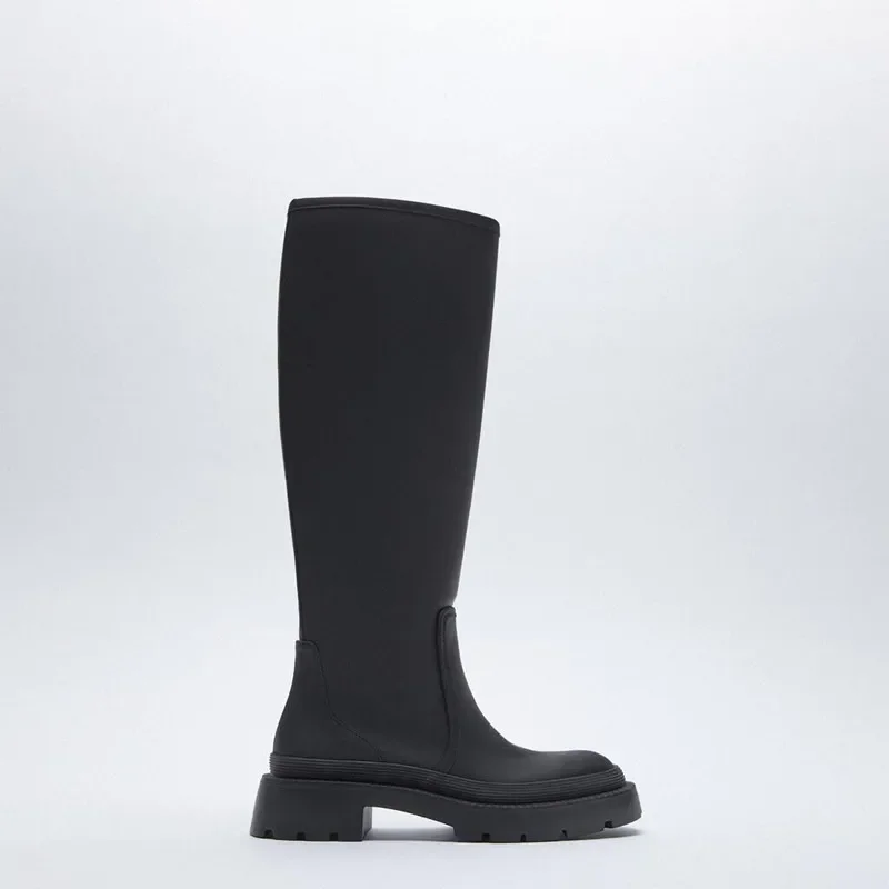 2026 New Style Rain Boots Knee Platform Chunky Heel Long Boots Black/gray Women Fashion Shoes Fleece Lining High Boots