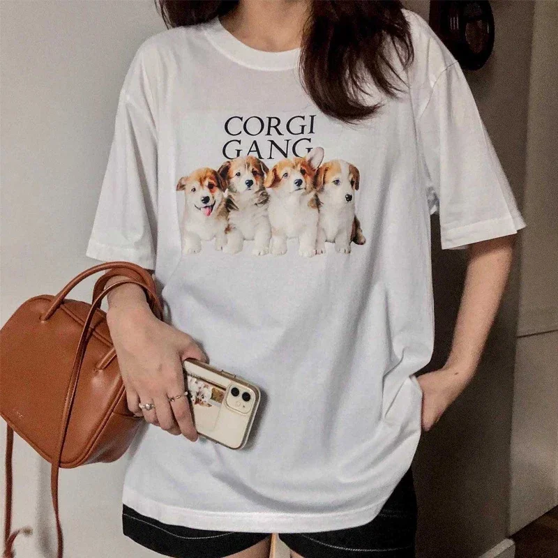 Oversized Kawaii Dog Corgi Gang Print T Shirt Women Korean Fashion T-Shirt Egirl Y2k Aesthetic Shirt Harajuku Streetwear Clothes