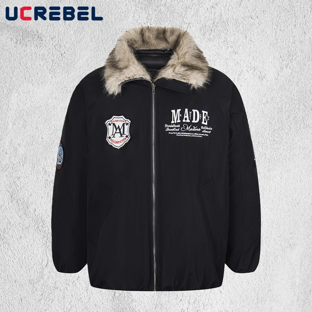 

Стеганая куртка с вышивкой букв, мужская ретро уличная зимняя теплая верхняя одежда с толстым меховым воротником и длинными рукавами