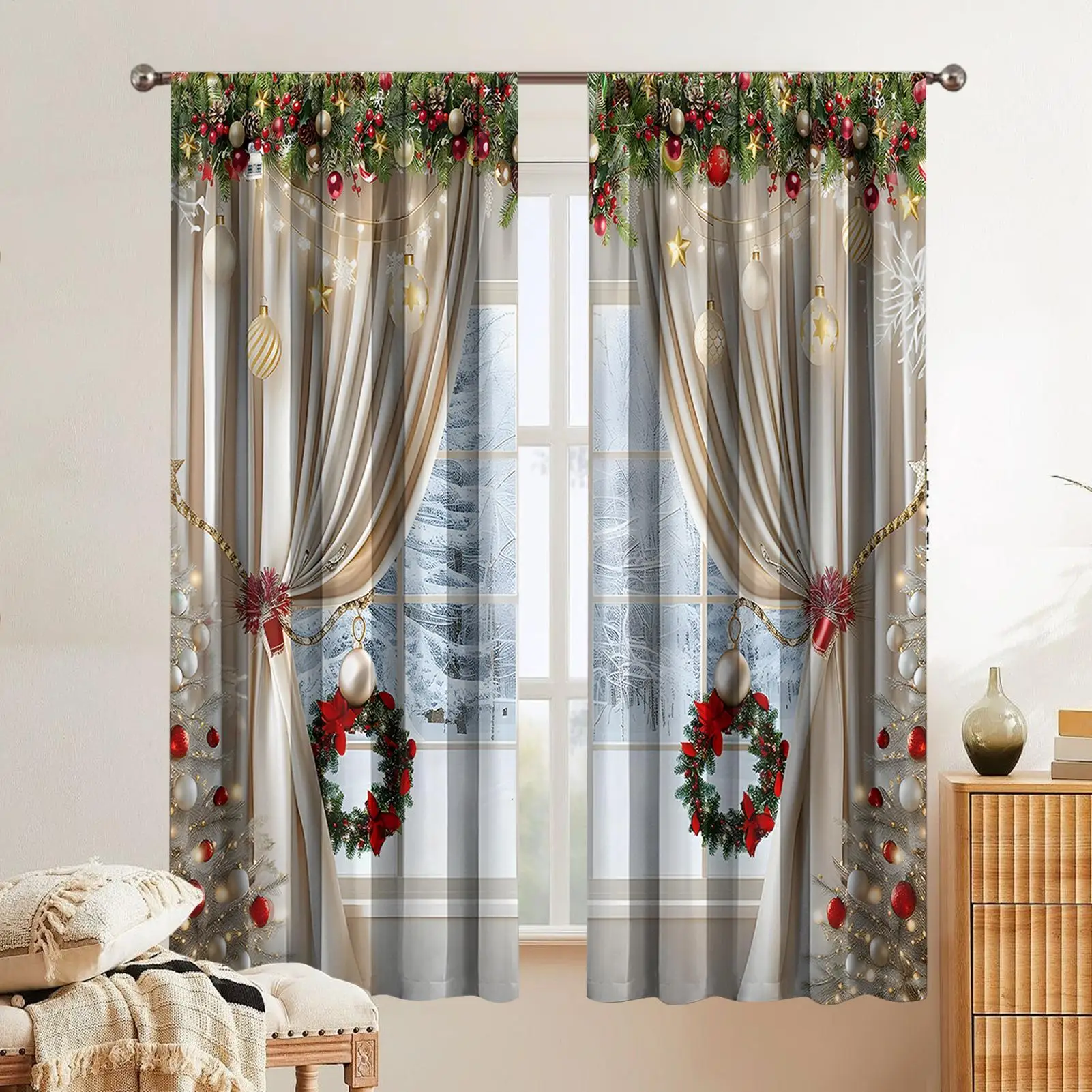 Christmas Curtains Printed Holiday Drapes with Light Balls Pine Branches Pattern for Window Bedroom Party Backdrop Decorations