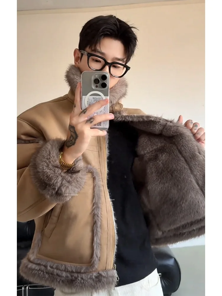 

Двусторонняя утепленная замшевая куртка с воротником-стойкой, мотоциклетная, хлопковая, мужская зимняя, с меховой подкладкой, кожаная, комбинированная одежда