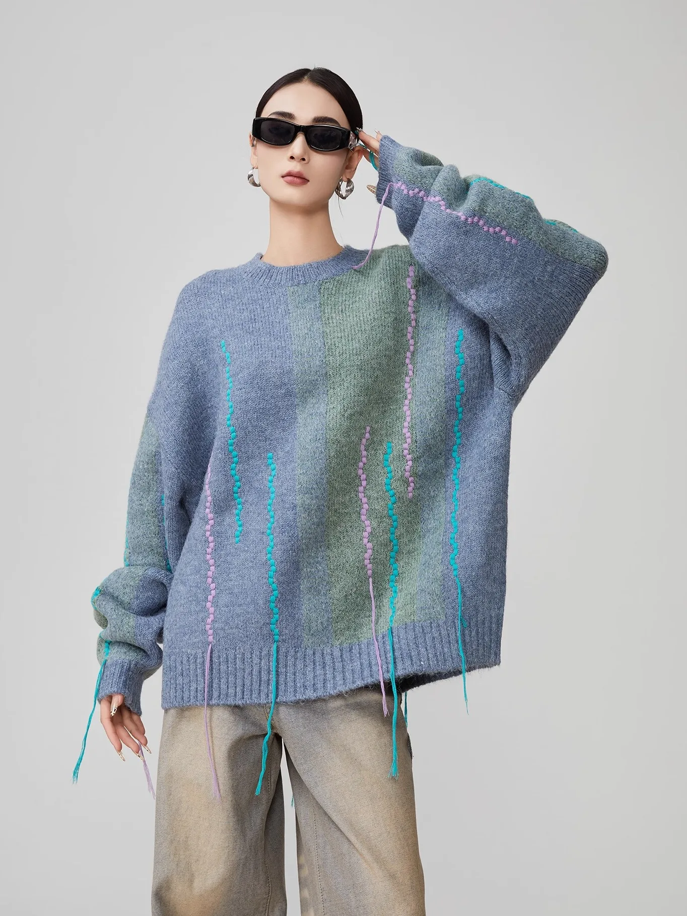 

Синий вязаный свитер оверсайз с бахромой для женщин, весенний, мягкий, уютный, комфортный, из смесового полиэстера