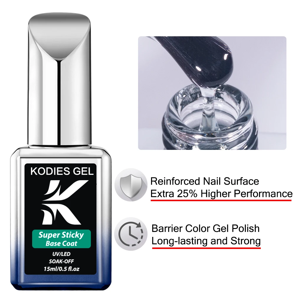 KODIES GEL Super Base Coat Ultra-sticky Base Gel Nail Polish 15ml Clear Strong Semi Permanent UV/LED Top Coat Gel Hybrid Varnish