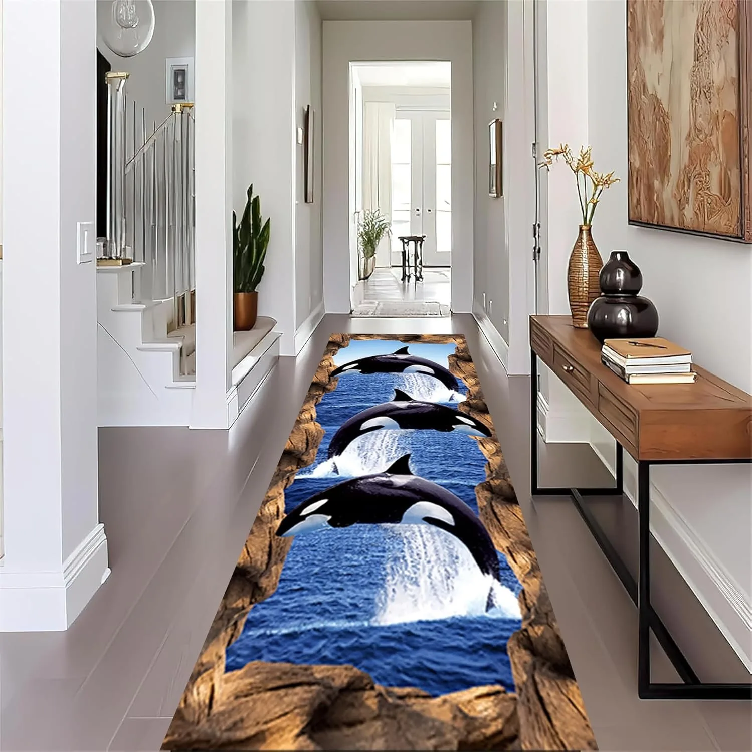 Beach Ocean Hallway Runner Rug Tropical Starfish Conch Shells Ripple Sandy Beach 3D Rug, Coastal Carpet for Kitchen Bathroom