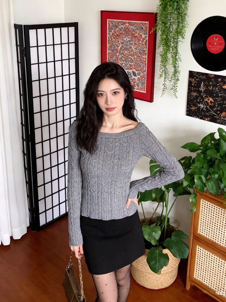 

Stunning Shoulder Bared Long Sleeve Knitted Sweater Women's Fashion Design Sensation Slim Fit Casual Style Base Layer Top