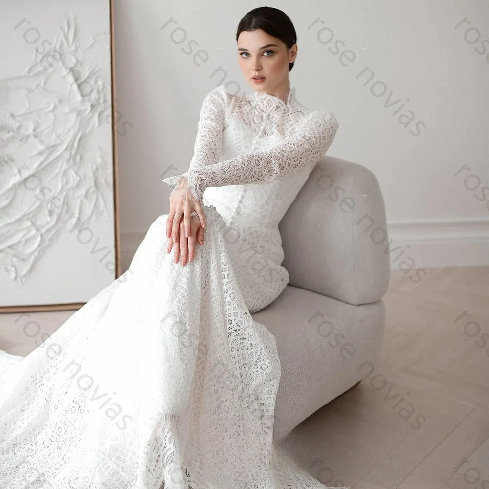 Vestido de casamento de alta qualidade, charmoso, mangas compridas, gola alta, trem personalizado, vestido de noiva saudita para mulheres, noiva, recém-chegado