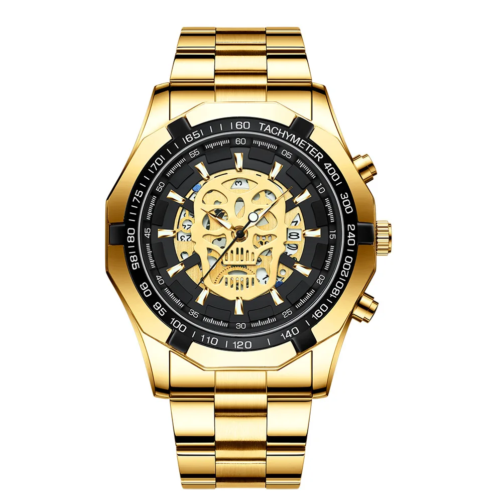 UTHAI Men Watch Brand Sports Trend Original Luminous Skull Hollow Steel Strip Waterproof Male Fashion Quartz Clock Wristwatch