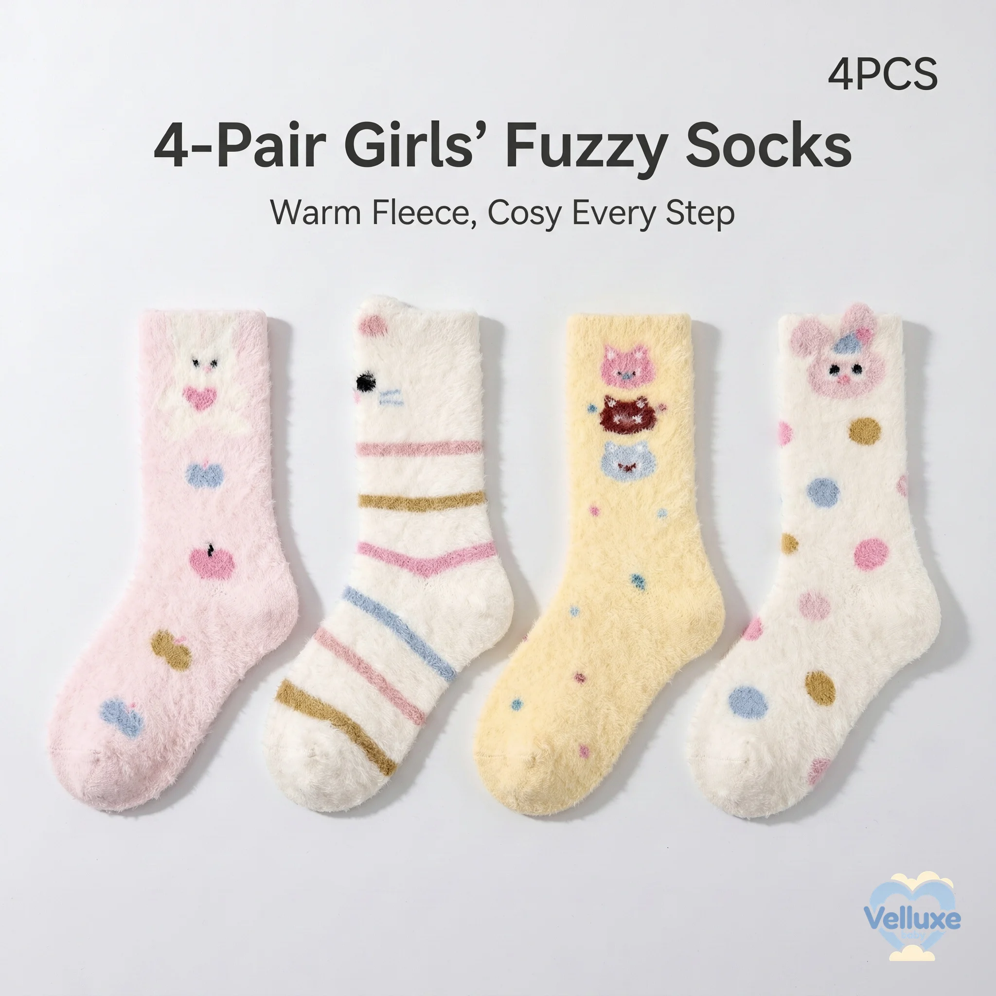4 Pairs Girls Fuzzy Faux Mink Fleece Crew Socks, Thick Warm Winter Cartoon Animal Socks for Girls 3-12Y
