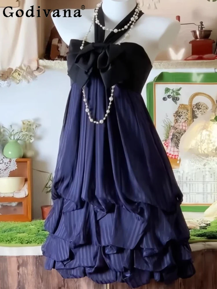 

Summer Vintage Elegant Blue Sleeveless Sexy Halter-neck Dresses Fashiona Versatile Age-reducing Temperament Bow Sleeveless Dress