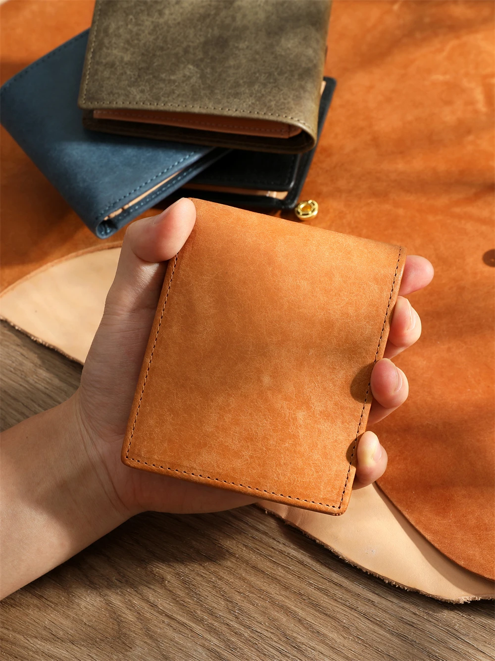 Men's High-End Vegetable Tanned Full-Grain Leather Cowhide Short Wallet Youth Driving License for Boyfriend Dad Gift