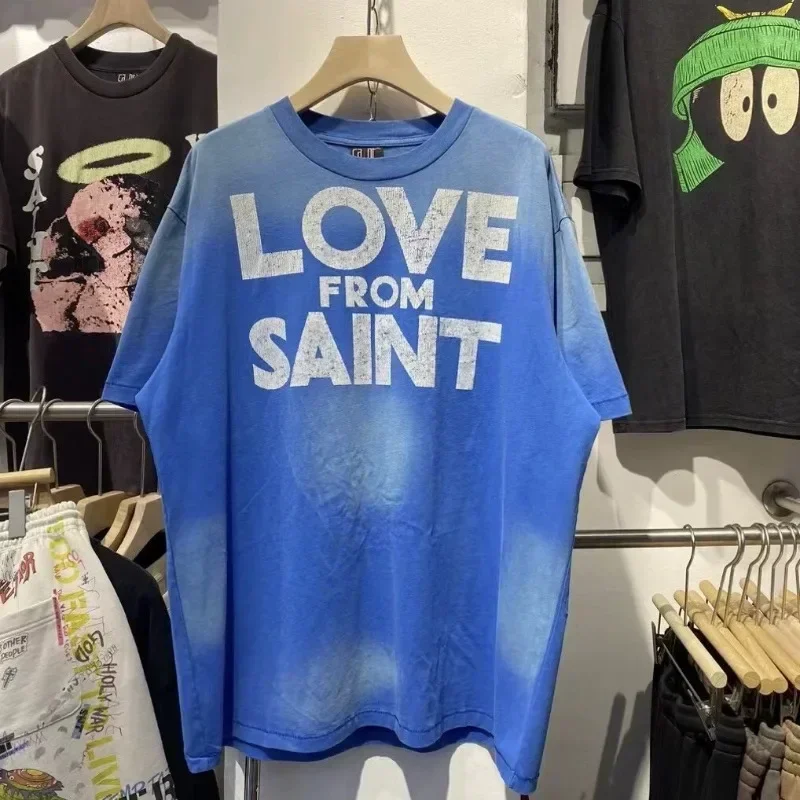 

2025SS Saint Michael Oversized T-Shirt Men Women 1:1 High Quality Letter Printing Washed Blue Short Sleeves